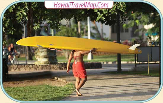 Walking with Surfboard Oahu